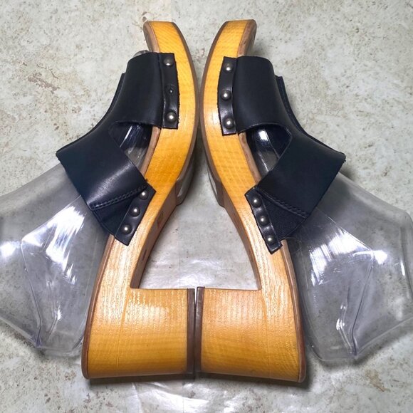 Mia Merel Black Faux Leather Open-Toe Sandals Wood Like Platform Heel Size 7 - Picture 5 of 9